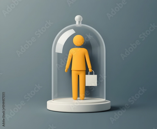 A symbolic figure holding a bag enclosed under a glass dome representing customer protection.