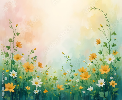  A soft watercolor wildflowers blooming in a peaceful meadow.