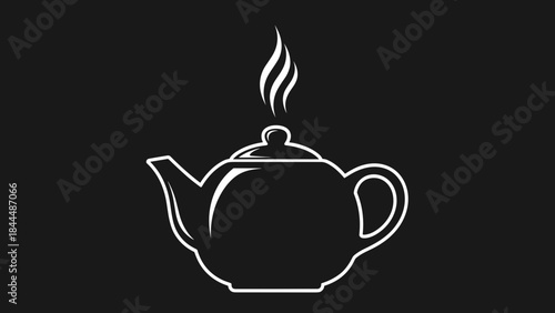 Steaming Teapot Outline on Black Background.