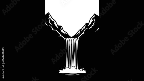 Stylized Waterfall Flowing Down Mountainside in Black and White.