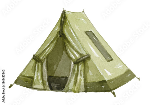 Hand painted watercolor green camping tent isolated