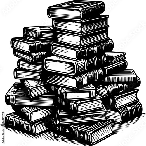 Pile of knowledge: A meticulously illustrated black and white graphic showing a stacked arrangement of books, inviting exploration and knowledge.