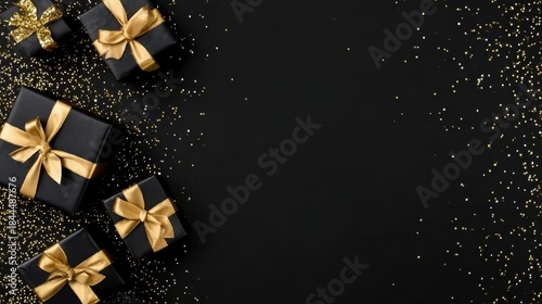 Arrangement of black gift boxes symbolizing discounts and shopping, suitable for email marketing templates, in-store signage, or sophisticated sale season graphics.