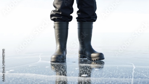 Fisherman wearing rubber boots standing on ice surface  