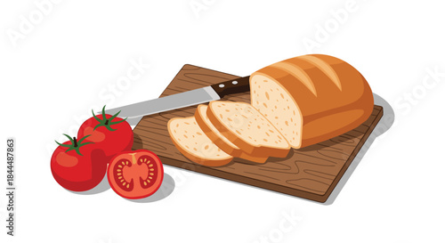 Fresh loaf of crusty bread sits on a wooden cutting board beside plump tomatoes and a sharp kitchen knife ready for slicing and serving.