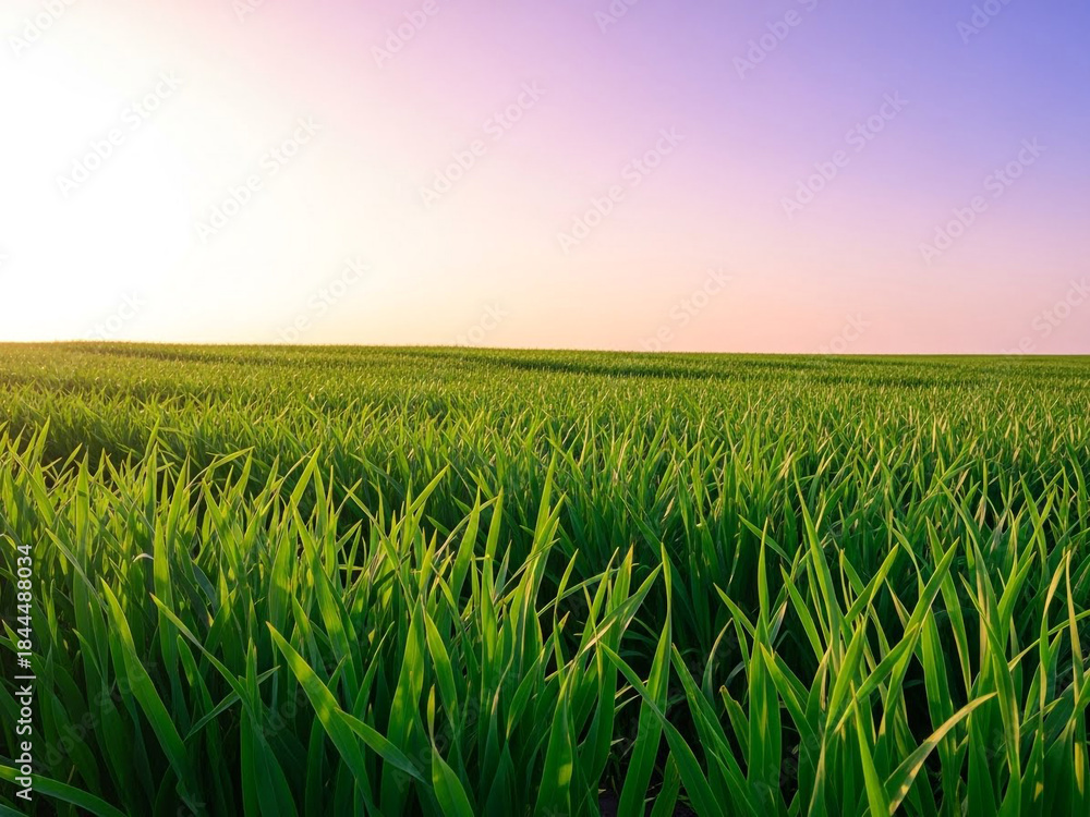 Obraz premium A serene green field with a beautiful sunset in the background with clear blue skies
