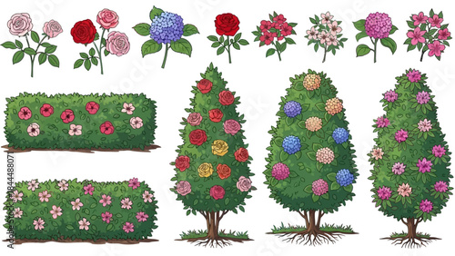Vector garden blooming bush set, green spring rose hedge collection, shrub landscape objects. Park vegetation illustration, nature floral icons, outdoor decorative elements. Garden bush clipart