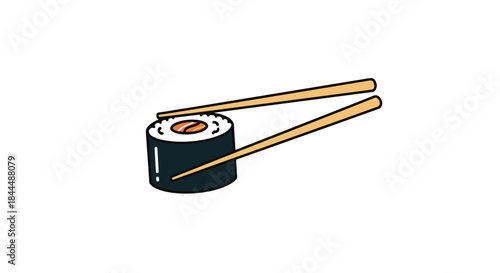 Delicate sushi roll with sesame rice and a pair of wooden chopsticks resting beside it on a clean white background that highlights traditional culinary craft.