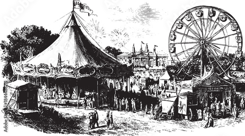 Vintage carnival scene with a ferris wheel and tent. Hand-drawn vector illustration featuring a crowd enjoying the festival atmosphere set outdoors.