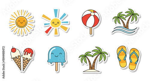 Sunny and colorful summer icons form a bright collage including smiling sun beach ball palm trees ice cream popsicle and flip flops for cheerful vibes.