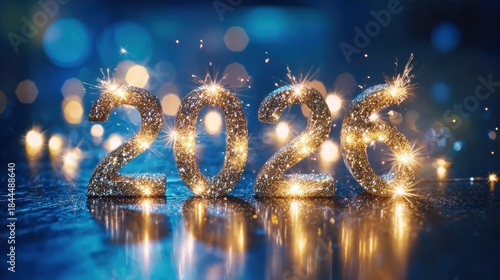 2026 New Year's design with glowing sparklers and exploding fireworks, suitable for digital wallpapers, print advertisements for holiday sales, or joyful visual projects.