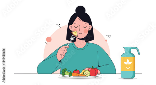 Bright illustration shows a person in a teal sweater enjoying a colorful vegetable plate while sipping water from a modern bottle on a white table.
