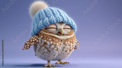 Cute animated owl with blue hat waking up