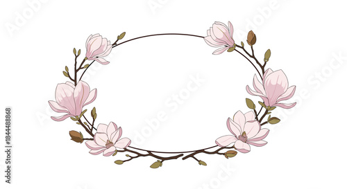 Elegant pink magnolia flower ring frame formed by delicate branches and blossoms creating a graceful circular wreath for decorative use in romantic designs.