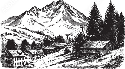 Mountain city skyline with cabins and ski lifts. Line art vector illustration in black and white, showcasing outdoor views and nature.