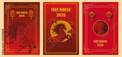 template set fire horse year. Chinese new year design template with red and gold color. Vector base design.