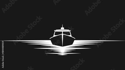 Front view of a boat sailing on the water creating reflections and ripples in a minimalist black and white style.