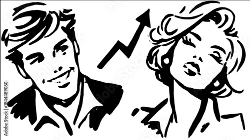 Vector illustration of a man and woman with stylish expressions. Modern line art set in black and white, creating a chic design.