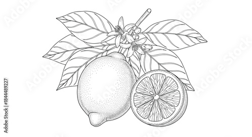 Lemon botanical illustration features a whole lemon with a sliced half and a leafy branch for botanical study and coloring inspiration.