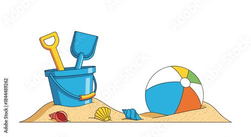 Sunny day at the beach shows a blue bucket with a yellow shovel resting in warm sand beside a colorful beach ball and scattered seashells.