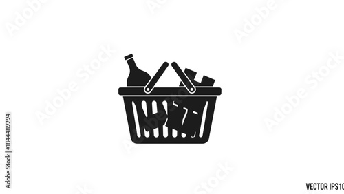 Shopping Basket Full of Groceries Black Silhouette Icon.