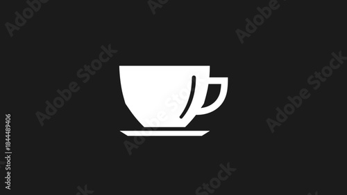 Simple White Coffee Cup Icon on Black Background.