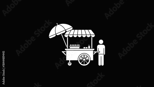 Street food vendor cart with umbrella and person icon.