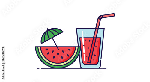 Refreshing summer scene featuring a juicy watermelon slice with an umbrella beside a tall glass of red juice and a striped straw resting on a clean surface.