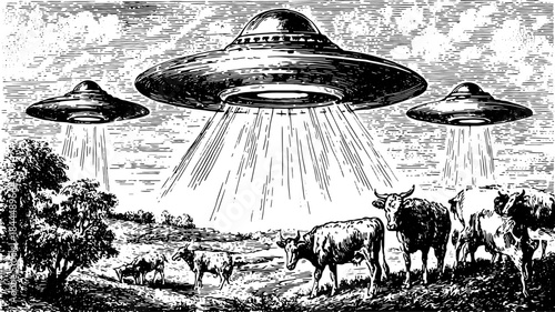 Vintage engraving of UFOs abducting cows in a rural landscape. The vector illustration features a black outline and detailed drawing.