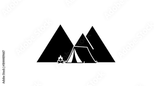 Camping Tent and Mountains Silhouette Icon.