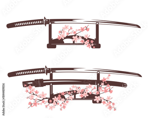 japanese katana blade put on horizontal display stand among sakura flower branches - unsheathed samurai sword with scabbard spring season vector design