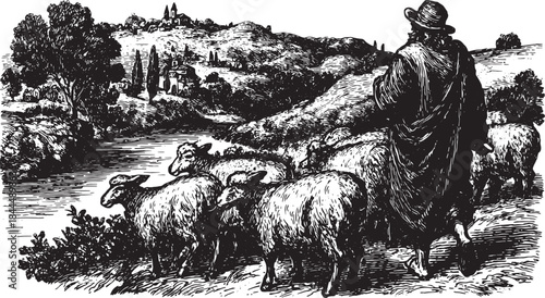 Shepherd with a flock of sheep on a hillside. Mediterranean landscape vector illustration featuring trees, a river, and a natural scene.