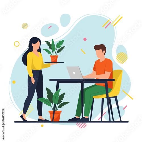 Woman serving coffee to man working on laptop in cafe