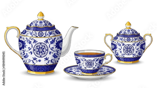 Refined porcelain tea set vector elements with blue and white chinoiserie pattern and gold trim for cafe branding