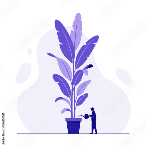 Small person watering a very large potted plant with purple leaves