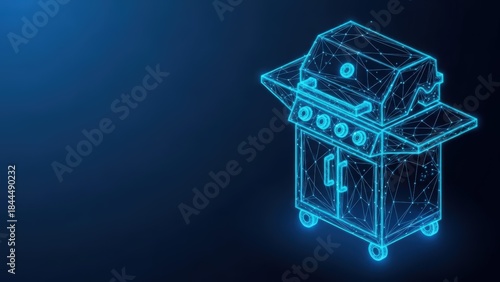 Fototapeta Naklejka Na Ścianę i Meble -  Glowing blue wireframe illustration of a modern outdoor gas barbecue grill with cooking knobs and doors