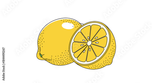 Two bright yellow lemons one whole and one sliced to reveal juicy segments and a dimpled rind highlighting fresh citrus zest and sunshine tones.