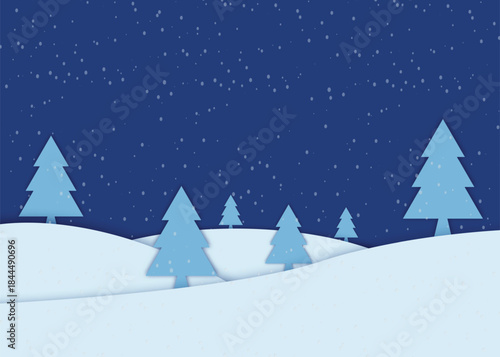 Winter night landscape with snowfall and pine trees