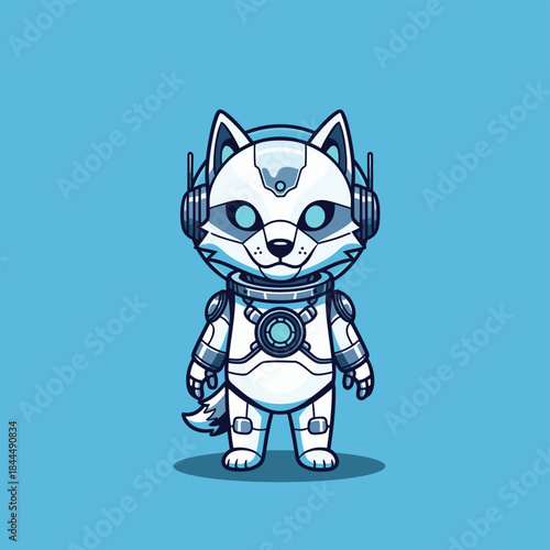 Cute Robot Dog Character Wearing Headphones.