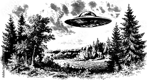 Engraved illustration of an unidentified flying object above a serene landscape. Detailed black and white vector set featuring trees, fields, and clouds.