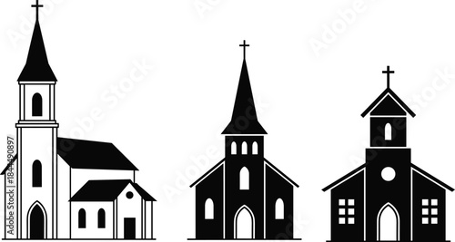 Church building icon set illustration, Christian religion architecture, chapel and cathedral silhouettes, faith worship symbol, religious community graphic design