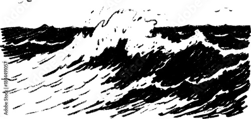 Wave illustration in black and white. Hand-drawn black silhouette with dynamic texture, perfect for artistic vector artwork set.