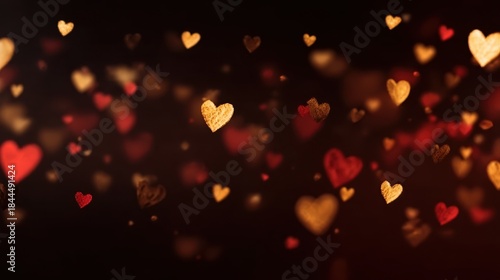 Celebratory background of golden hearts in bokeh style on red, suitable for website headers for dating apps, product packaging for chocolates, or projects about love and devotion.