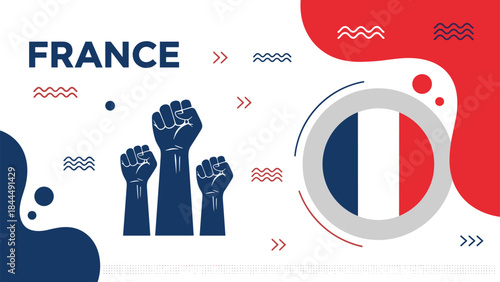 France national identity illustration, French flag colors design, freedom protest raised fists, patriotic abstract graphic, republic democracy concept artwork