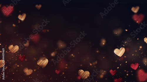 Celebratory background of golden hearts in bokeh style on red, suitable for website headers for dating apps, product packaging for chocolates, or projects about love and devotion.