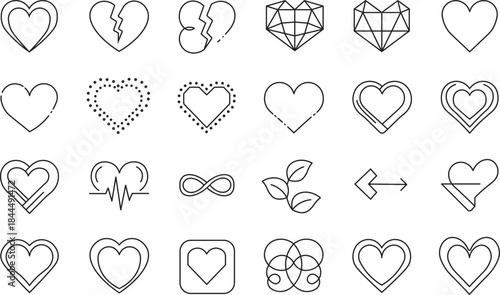 Big collection of vector linear heart icons. Set of minimal love symbols, infinity sign, broken heart, geometric shapes, and romance elements in thin line style for Valentine's Day design.