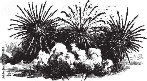 Vintage fireworks explode in black and white style. This vector illustration captures the essence of celebration in a festive design.