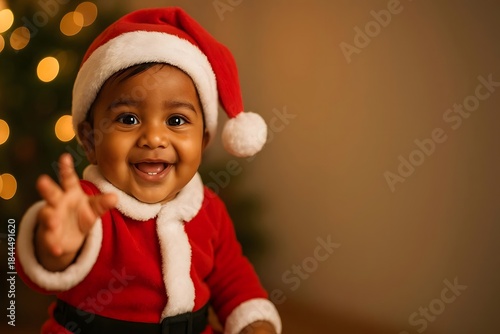 Happy one-year-old baby in Santa costume reaching hand toward camera. for Christmas banners, cards