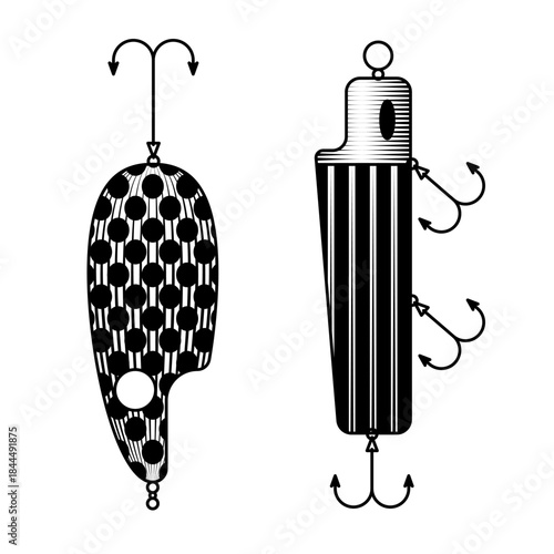 vintage fishing lure illustration with sharp hooks and patterned body for catching fish in retro woodcut style black and white vector art