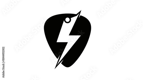 black guitar pick with white lightning bolt logo design on white background